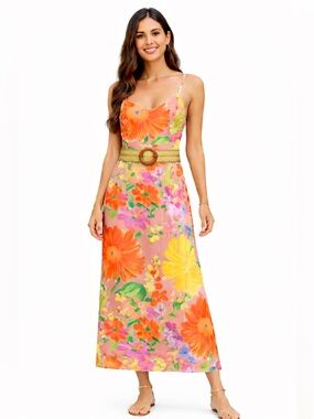 Vintage Jams World Coral Garden Tropical Floral Hawaiian Resortwear Slip Dress M